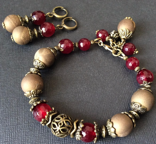 Vintage Red & Bronze Gem Bracelet Set